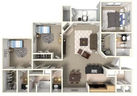 Floor plan for 3 beds, 2 baths, 1305 sqft
